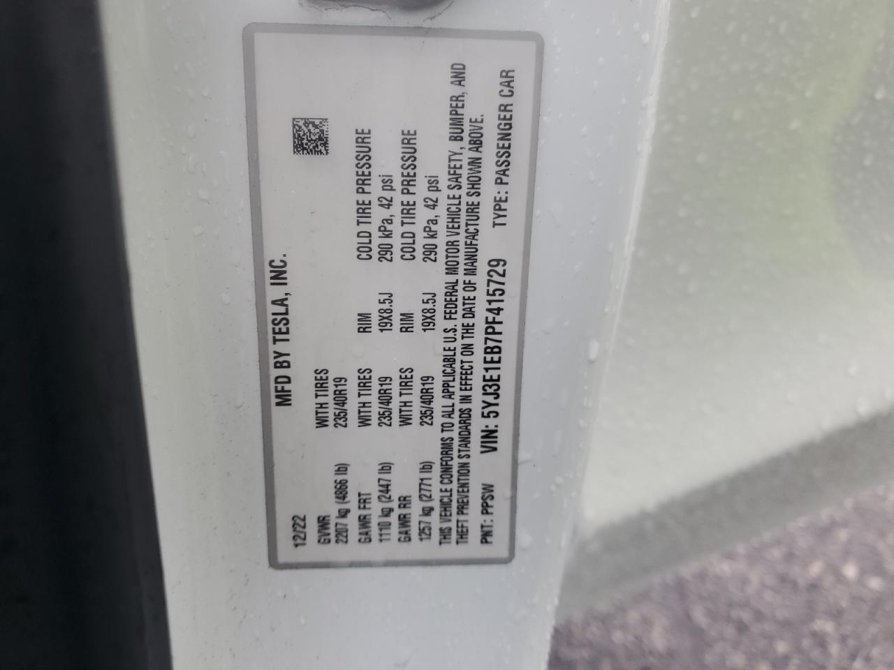 2023 Tesla Model 3 VIN: 5YJ3E1EB7PF415729 Lot: 92937415