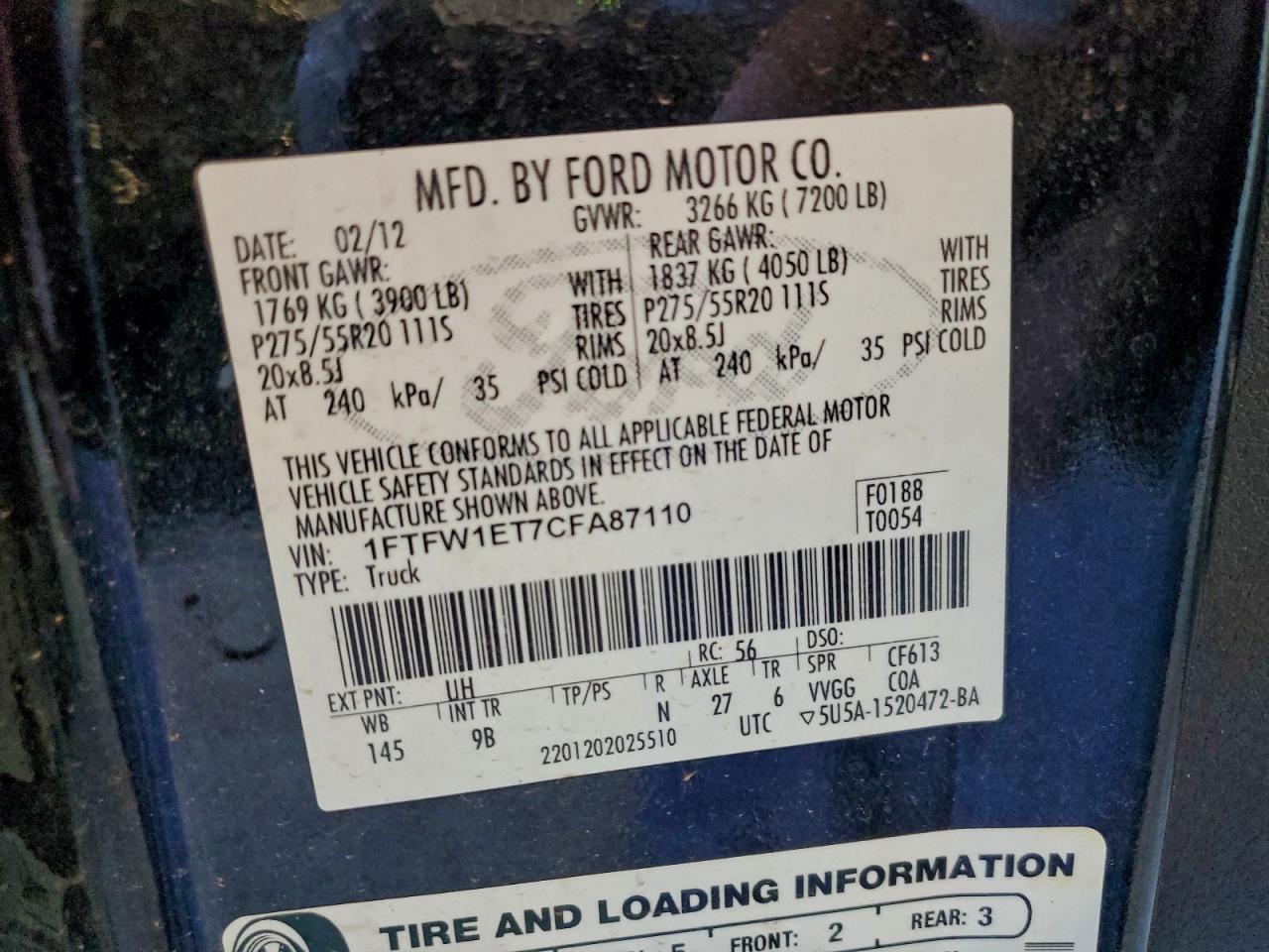 2012 Ford F150 Supercrew VIN: 1FTFW1ET7CFA87110 Lot: 93763755