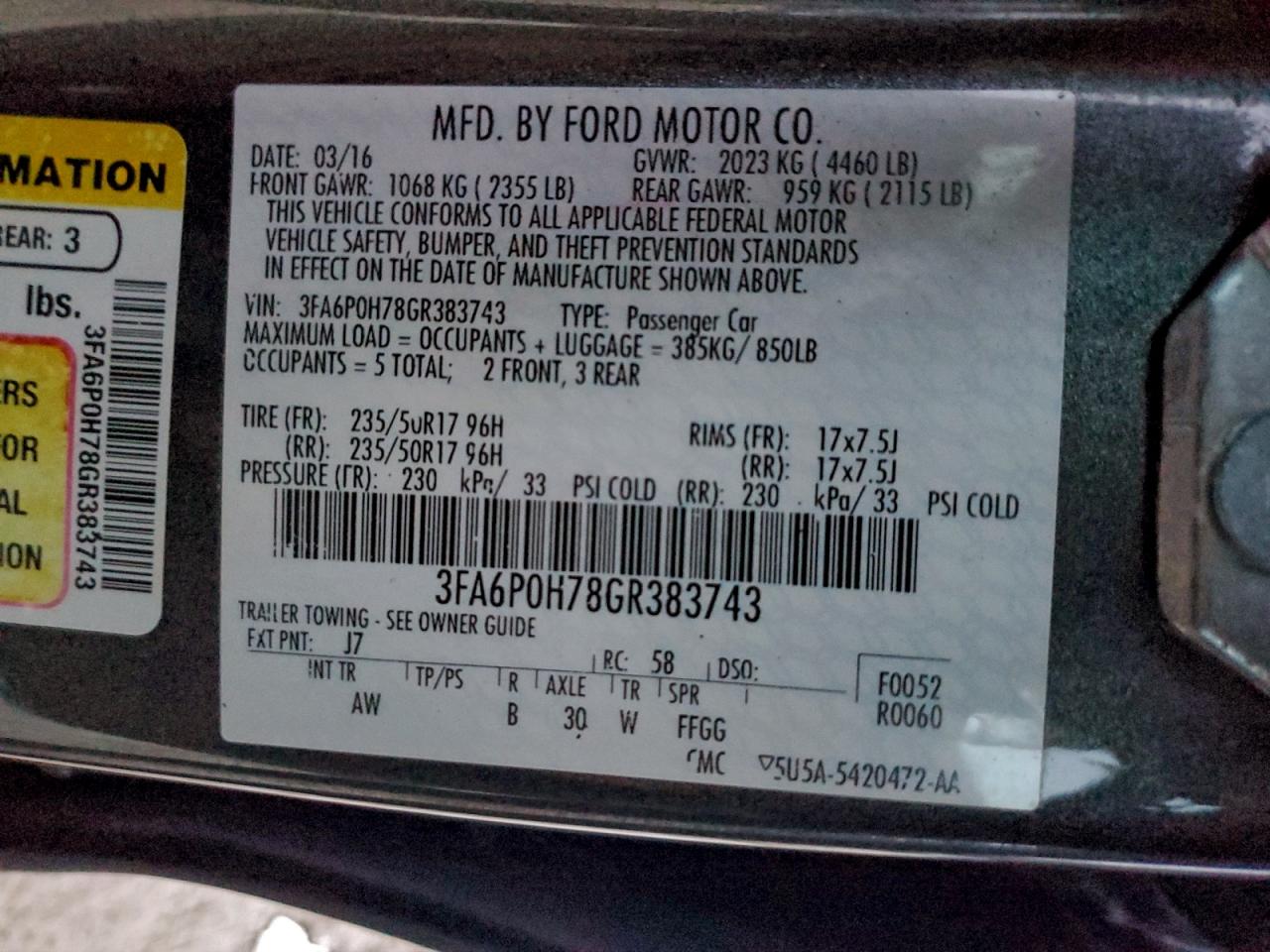 2016 Ford Fusion Se VIN: 3FA6P0H78GR383743 Lot: 93508015