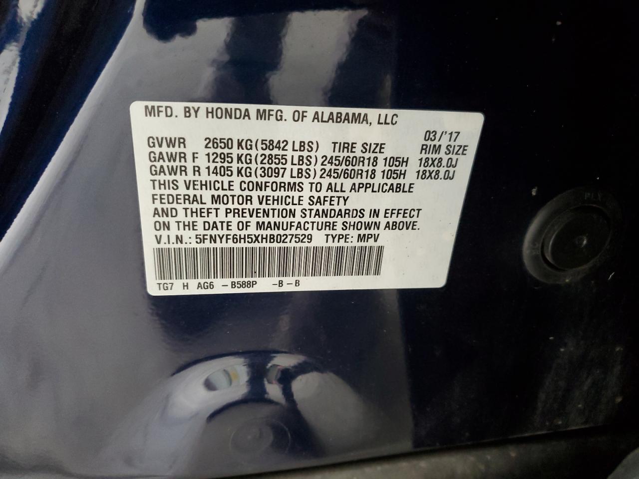 2017 Honda Pilot Exl VIN: 5FNYF6H5XHB027529 Lot: 90885995