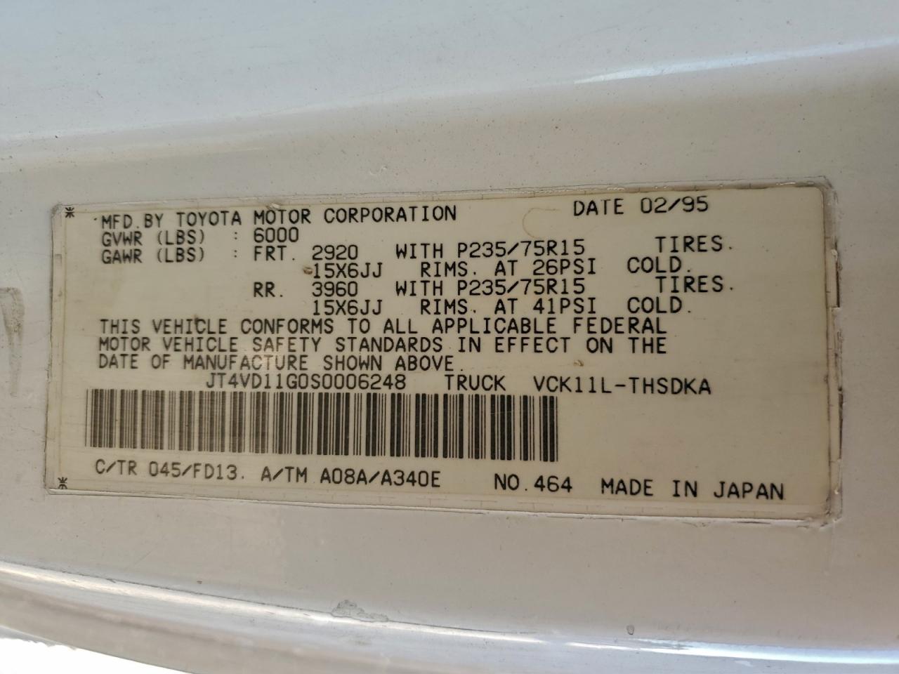 1995 Toyota T100 1 Ton Dx VIN: JT4VD11G0S0006248 Lot: 94581795