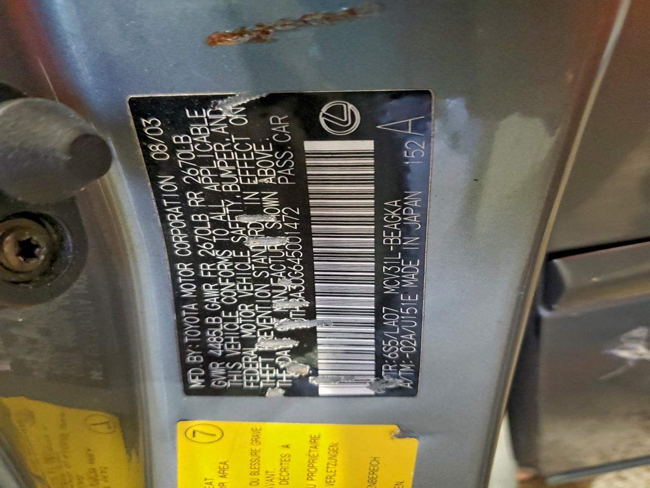 2004 Lexus Es 330 VIN: JTHBA30G645001472 Lot: 94423415