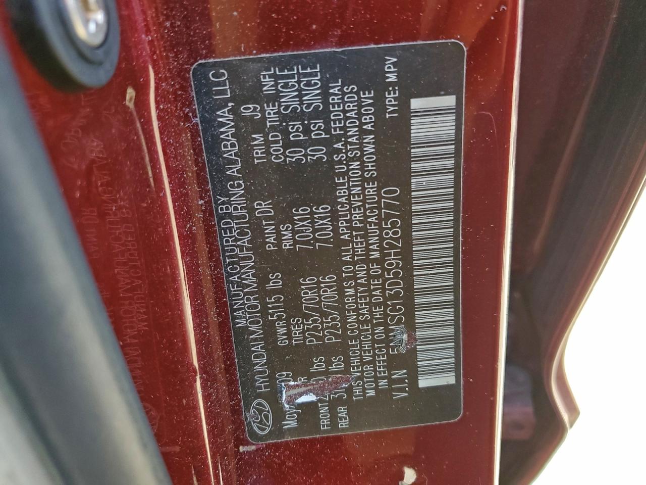 2009 Hyundai Santa Fe Gls VIN: 5NMSG13D59H285770 Lot: 93959925