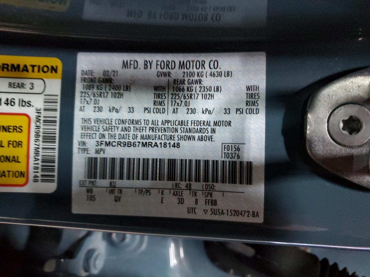 2021 Ford Bronco Sport Big Bend VIN: 3FMCR9B67MRA18148 Lot: 93237185