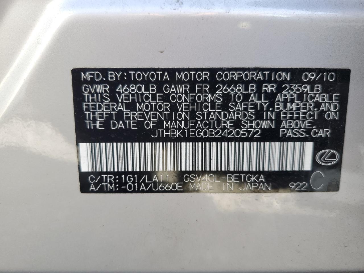 2011 Lexus Es 350 VIN: JTHBK1EG0B2420572 Lot: 92879695