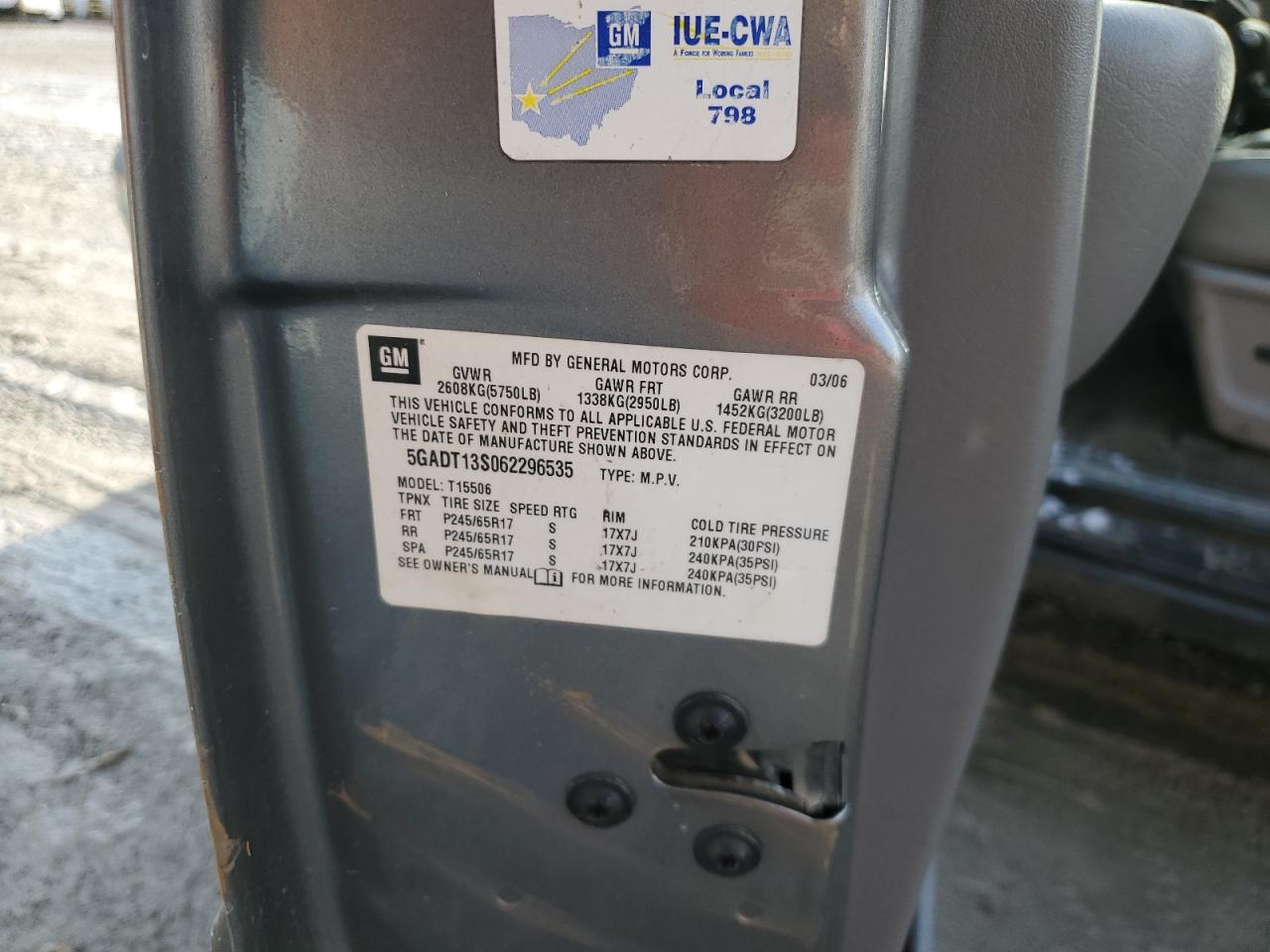 2006 Buick Rainier Cxl VIN: 5GADT13S062296535 Lot: 92342525