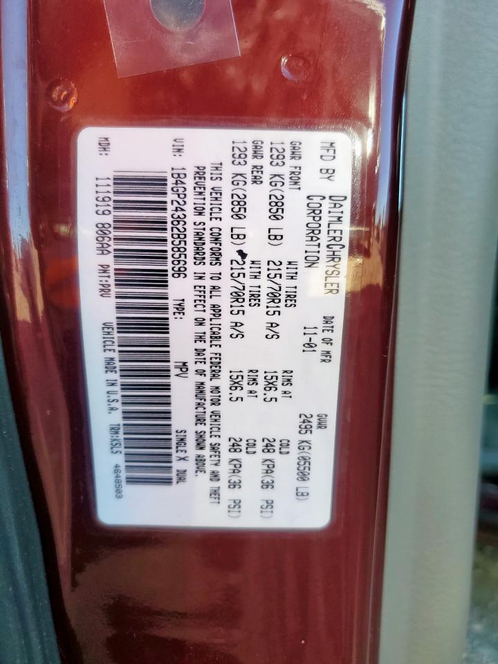 2002 Dodge Grand Caravan Se VIN: 1B4GP24362B585696 Lot: 92366485