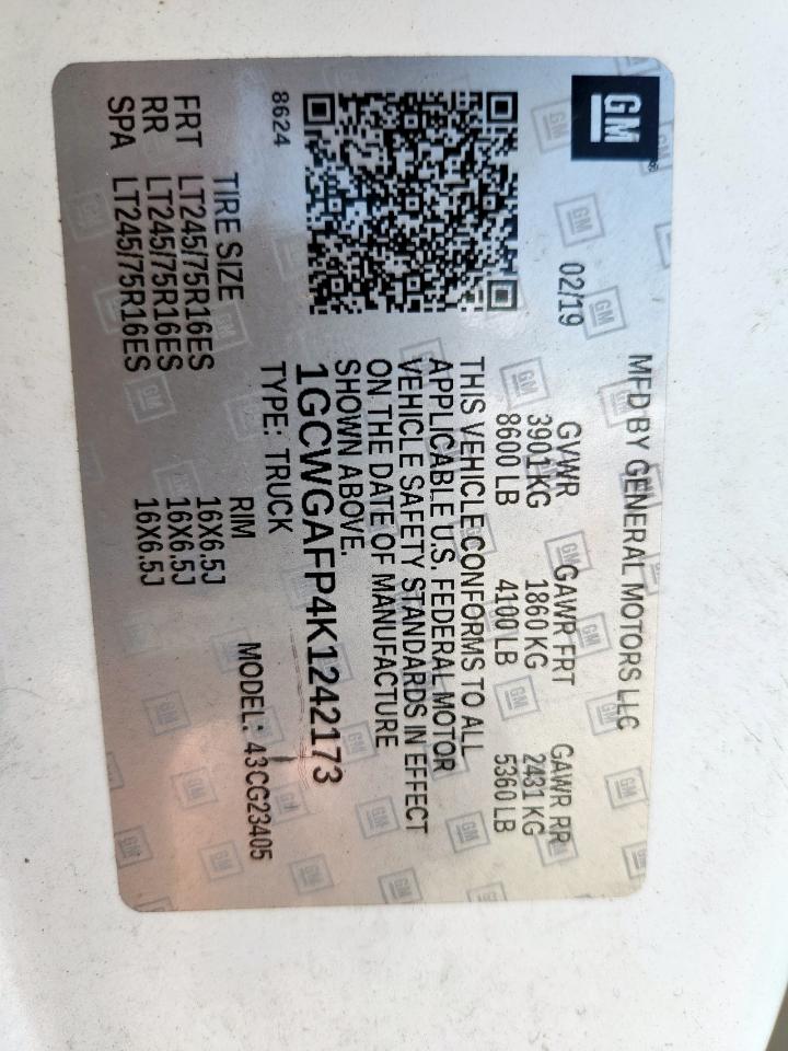 2019 Chevrolet Express G2500 VIN: 1GCWGAFP4K1242173 Lot: 91474505