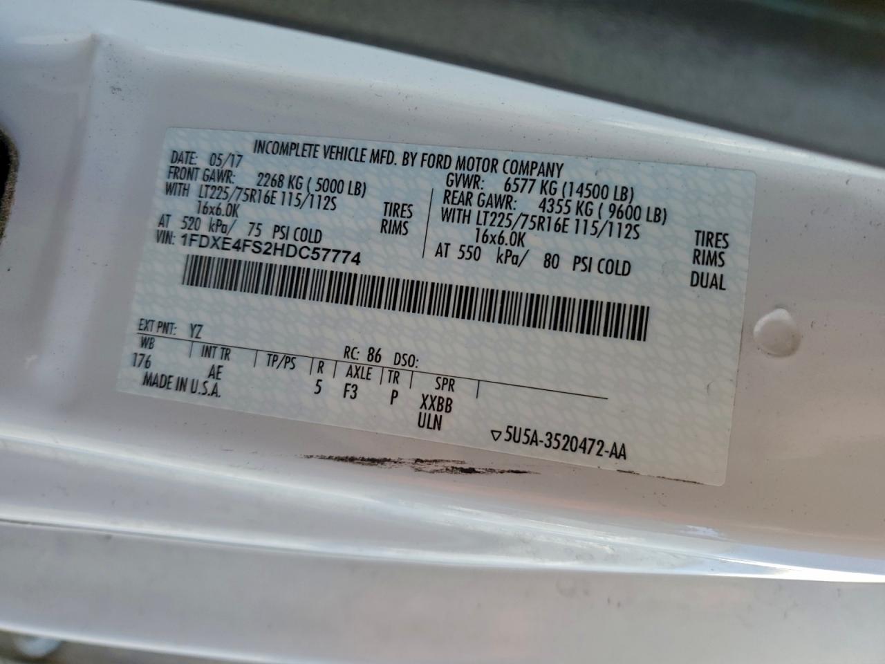 2017 Ford Econoline E450 Super Duty Cutaway Van VIN: 1FDXE4FS2HDC57774 Lot: 92603425