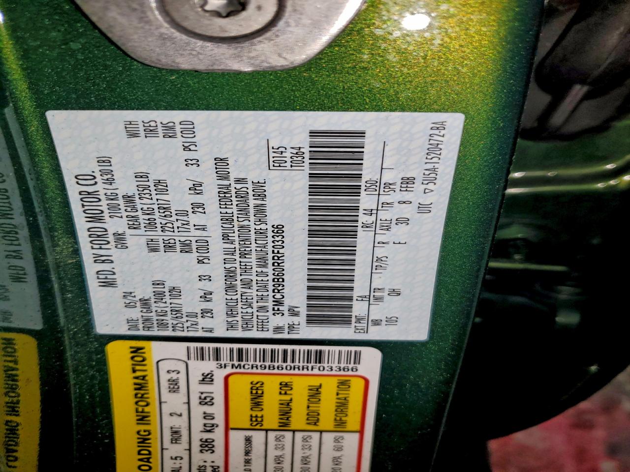 2024 Ford Bronco Sport Big Bend VIN: 3FMCR9B60RRF03366 Lot: 93268625