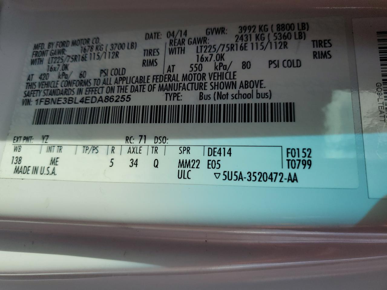 2014 Ford Econoline E350 Super Duty Wagon VIN: 1FBNE3BL4EDA86255 Lot: 91507365