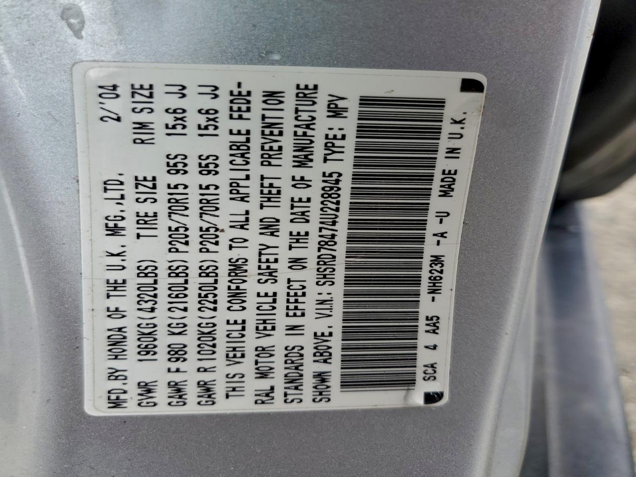 2004 Honda Cr-V Lx VIN: SHSRD78474U228945 Lot: 93856745