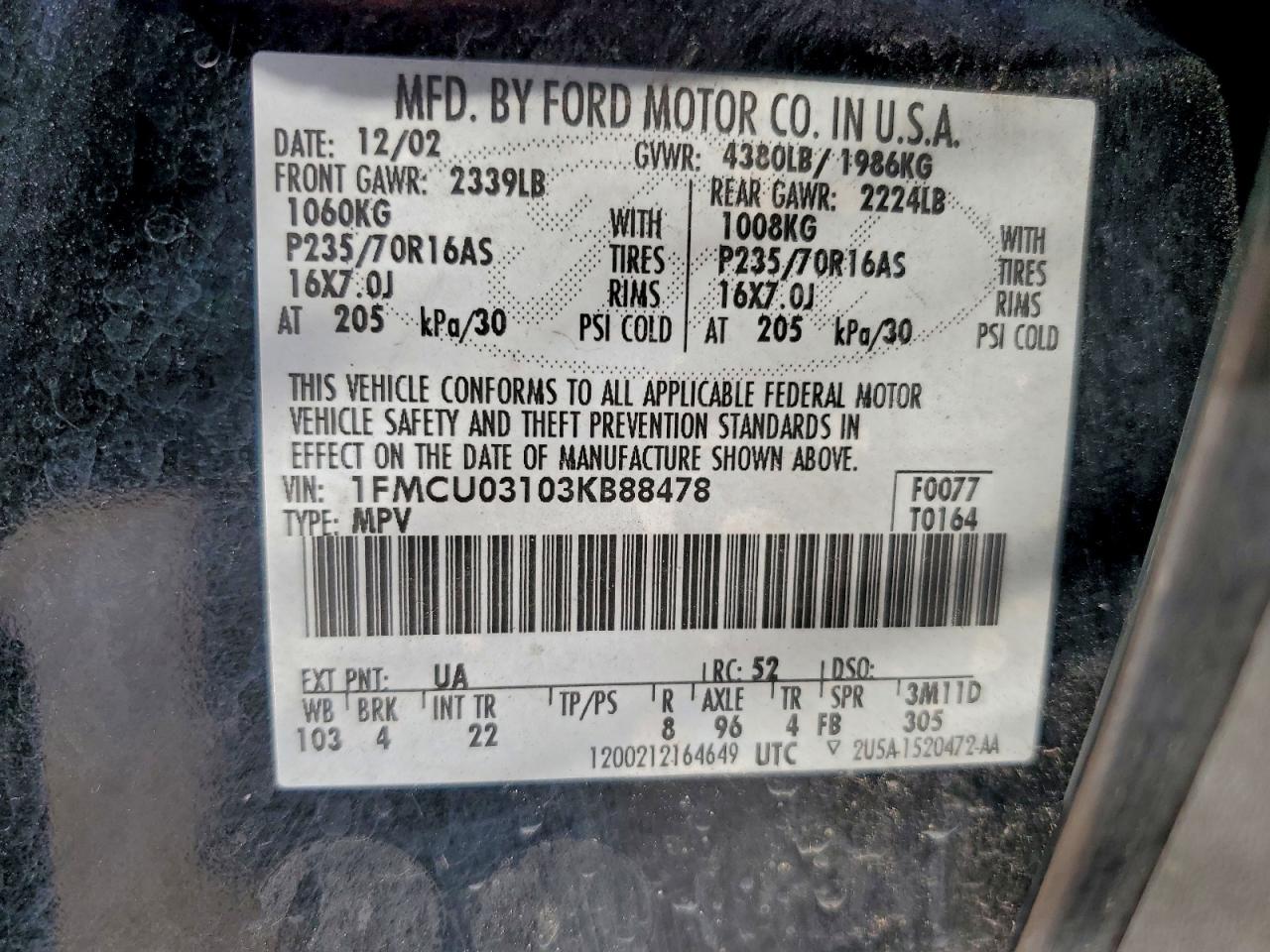 2003 Ford Escape Xlt VIN: 1FMCU03103KB88478 Lot: 94575405