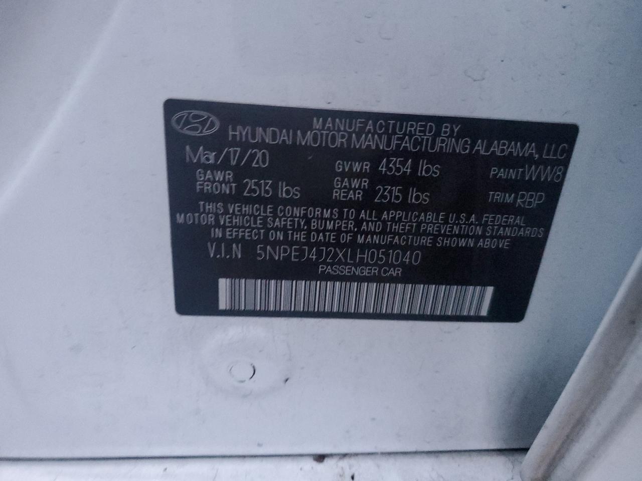 2020 Hyundai Sonata Sel Plus VIN: 5NPEJ4J2XLH051040 Lot: 93445975