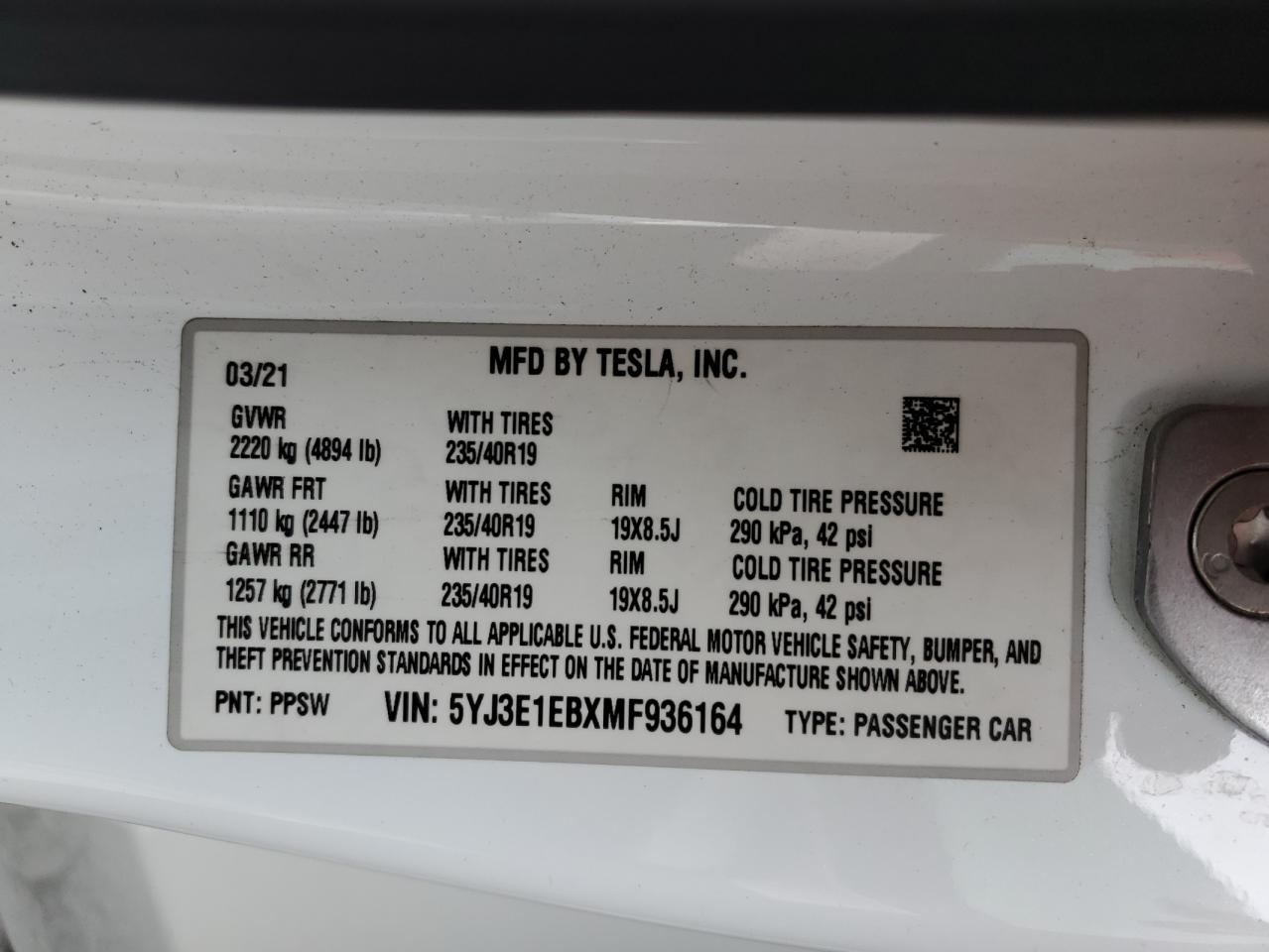 2021 Tesla Model 3 VIN: 5YJ3E1EBXMF936164 Lot: 92739535