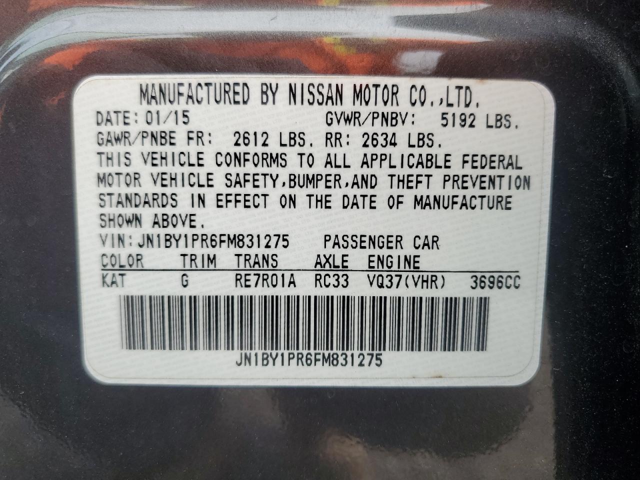 2015 Infiniti Q70L 3.7 VIN: JN1BY1PR6FM831275 Lot: 90990325