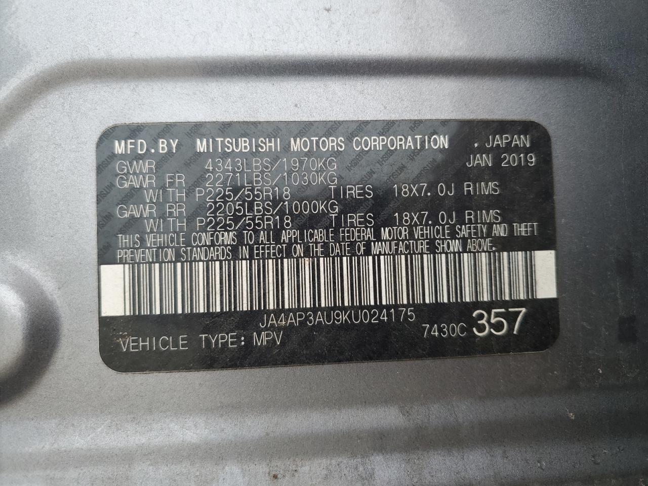 2019 Mitsubishi Outlander Sport Es VIN: JA4AP3AU9KU024175 Lot: 93120115