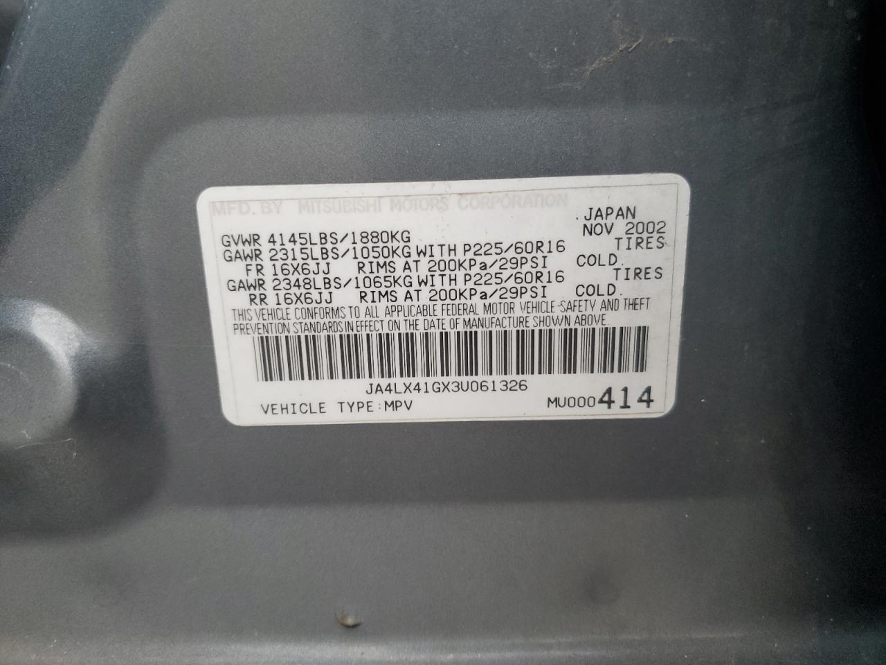 2003 Mitsubishi Outlander Xls VIN: JA4LX41GX3U061326 Lot: 93746035