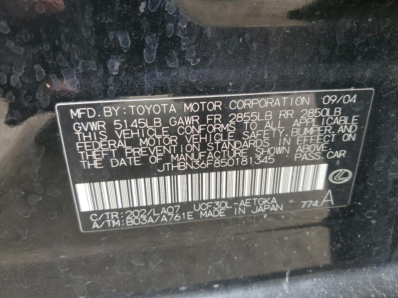 2005 Lexus Ls 430 VIN: JTHBN36F850181345 Lot: 91360465