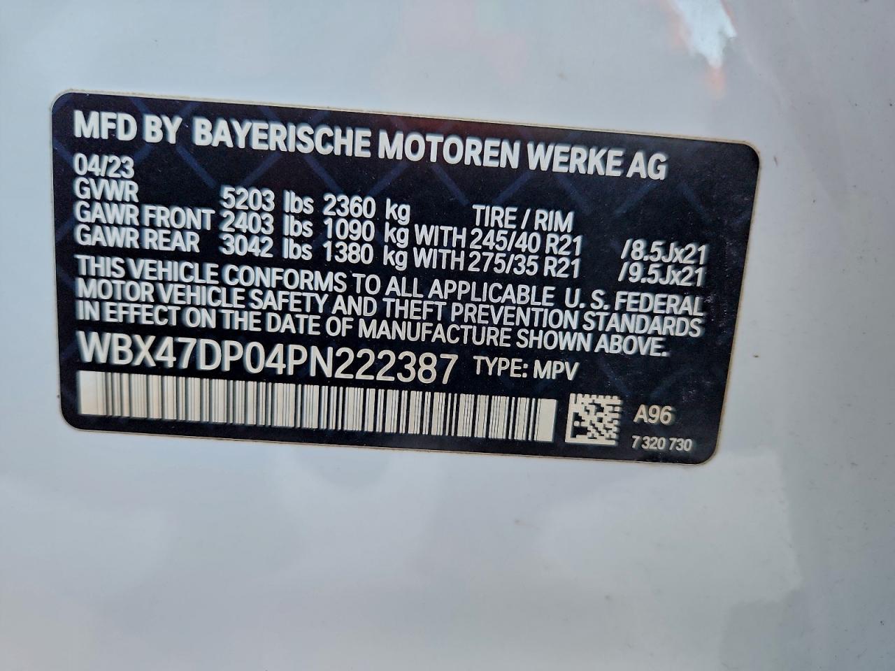2023 BMW X3 Sdrive30I VIN: WBX47DP04PN222387 Lot: 94703395