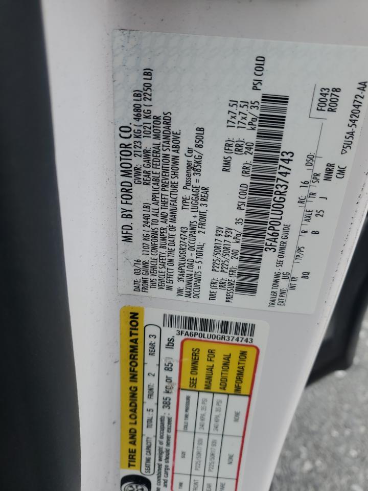 2016 Ford Fusion Se Hybrid VIN: 3FA6P0LU0GR374743 Lot: 92033345