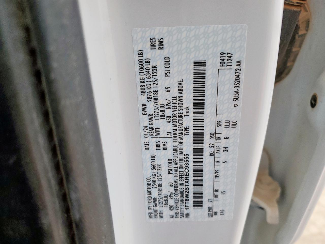 2024 Ford F250 Super Duty VIN: 1FT8W2BTXREC93555 Lot: 93922975