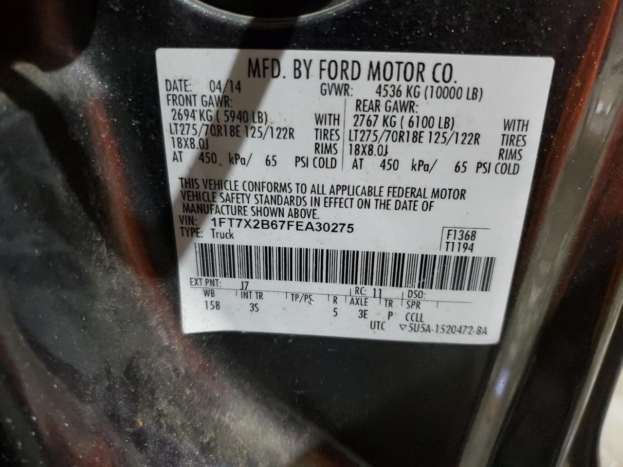 2015 Ford F250 Super Duty VIN: 1FT7X2B67FEA30275 Lot: 91299905