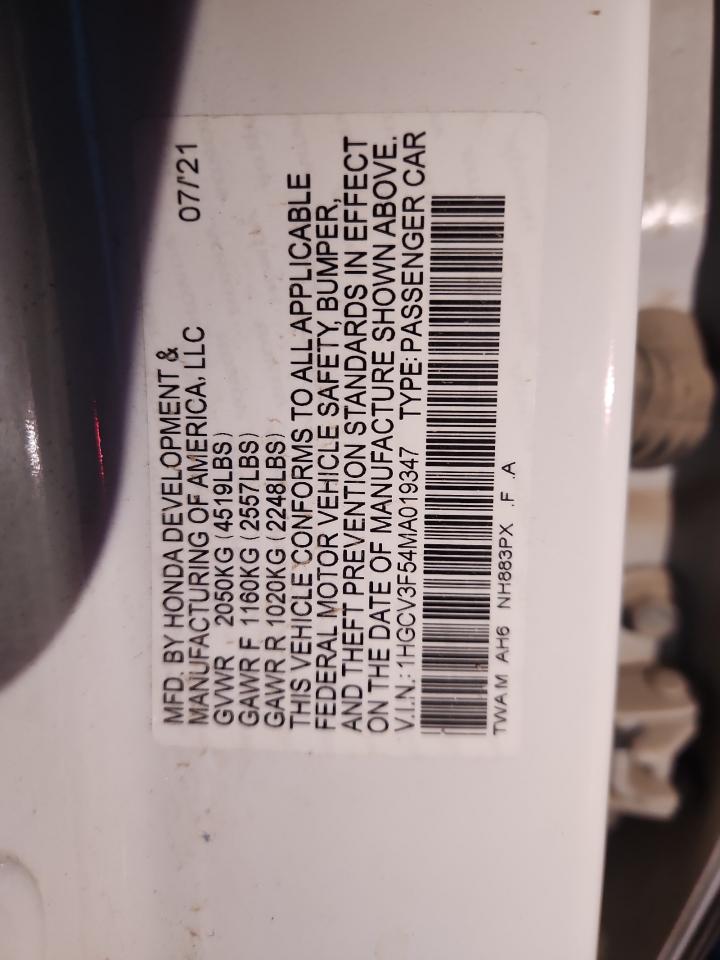 2021 Honda Accord Hybrid Exl VIN: 1HGCV3F54MA019347 Lot: 93261615