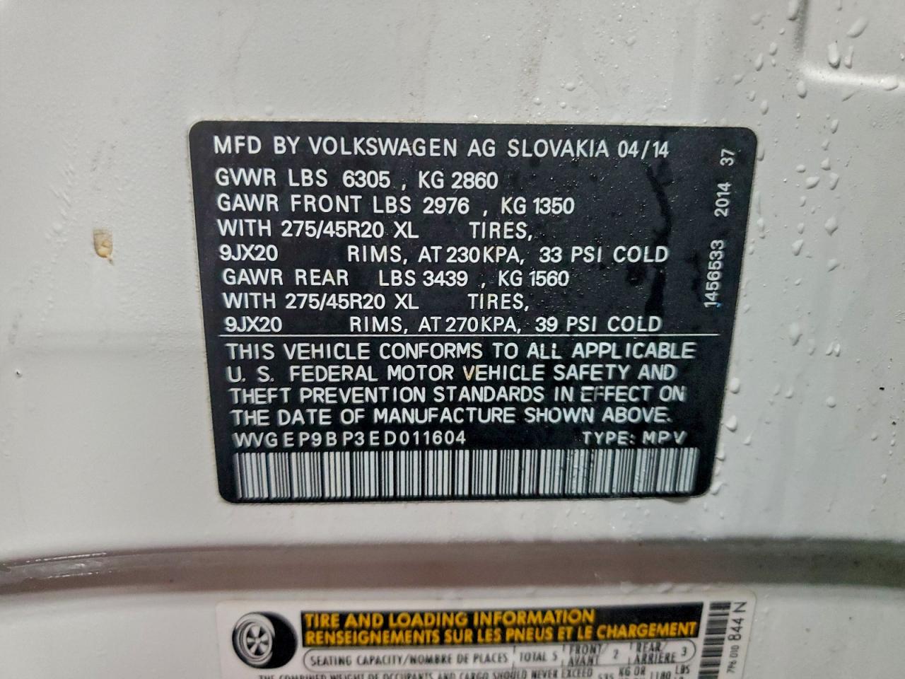 2014 Volkswagen Touareg V6 Tdi VIN: WVGEP9BP3ED011604 Lot: 93676045