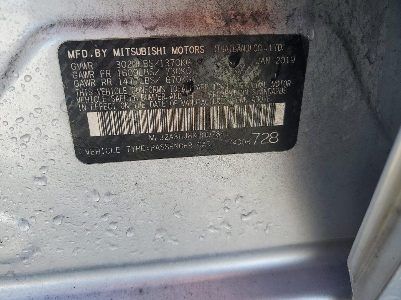 2019 Mitsubishi Mirage Es VIN: ML32A3HJ8KH007841 Lot: 92607275