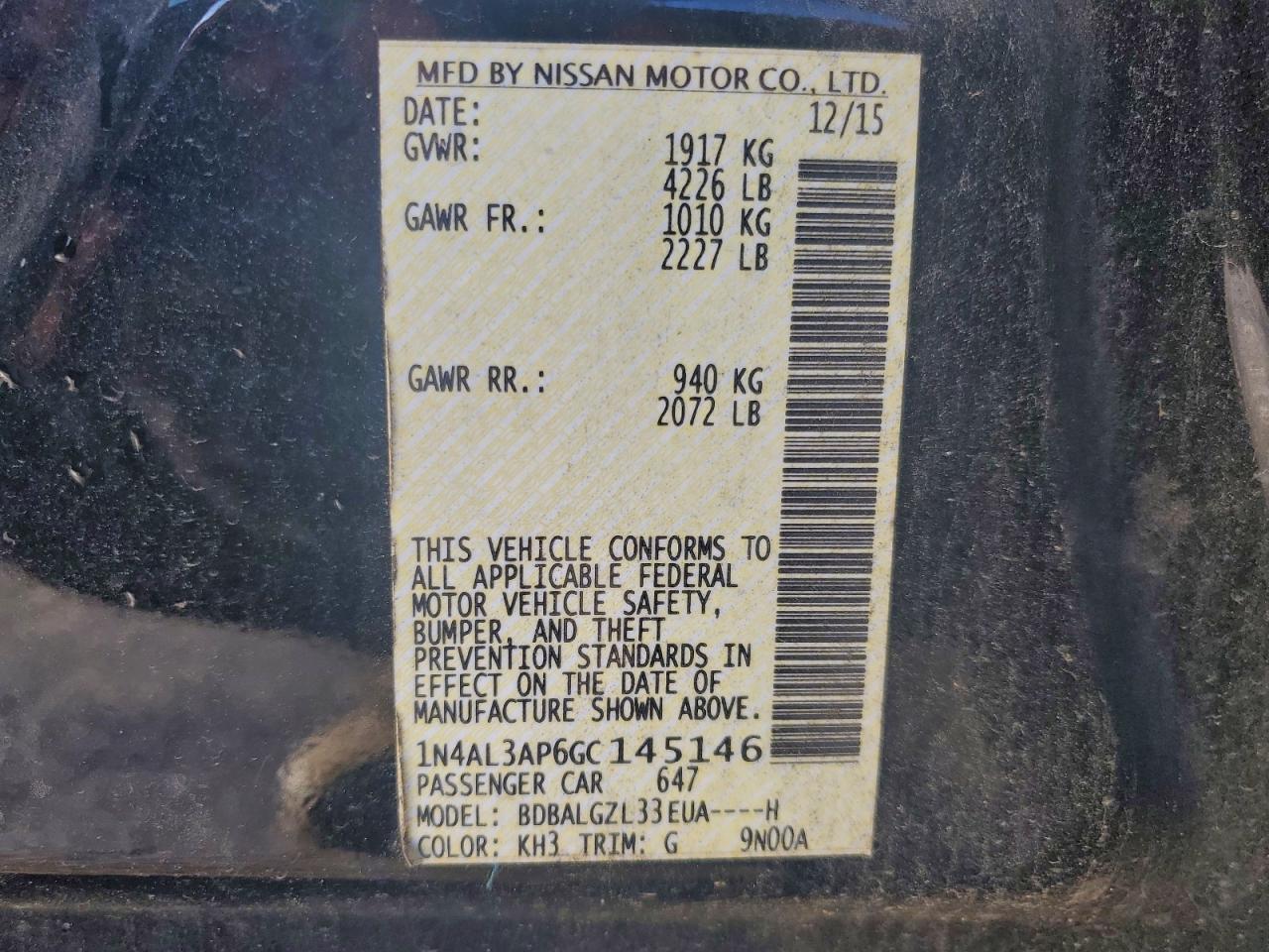 2016 Nissan Altima 2.5 VIN: 1N4AL3AP6GC145146 Lot: 94260685