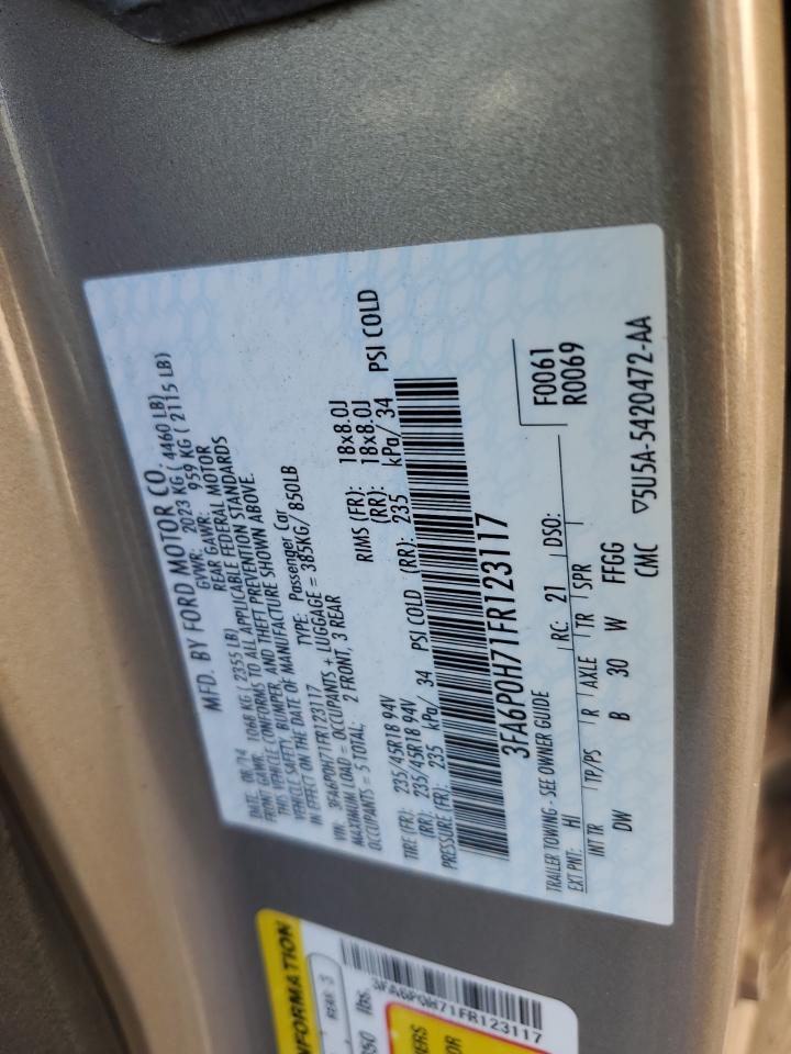 2015 Ford Fusion Se VIN: 3FA6P0H71FR123117 Lot: 91714985