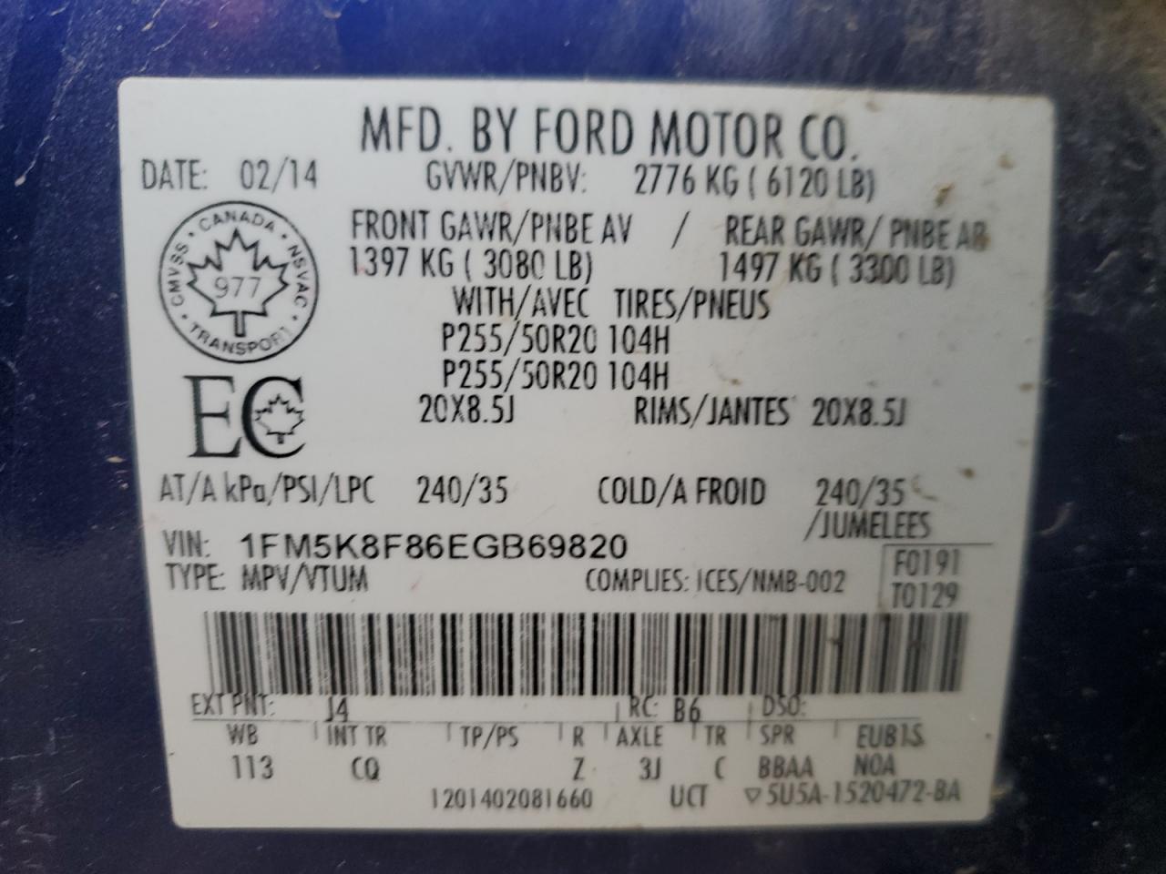 2014 Ford Explorer Limited VIN: 1FM5K8F86EGB69820 Lot: 93029905