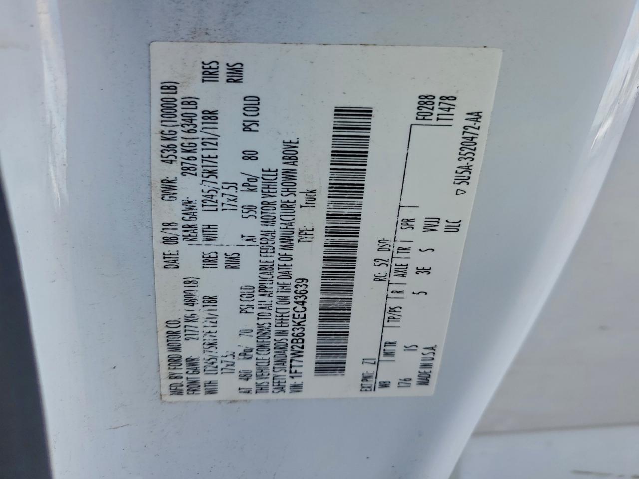 2019 Ford F250 Super Duty VIN: 1FT7W2B63KEC43639 Lot: 94232655