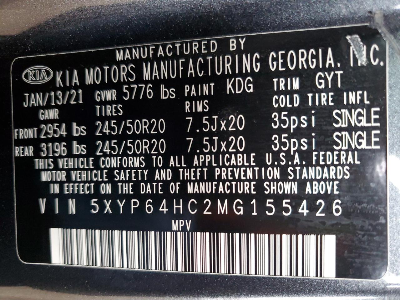 2021 Kia Telluride S VIN: 5XYP64HC2MG155426 Lot: 93500385