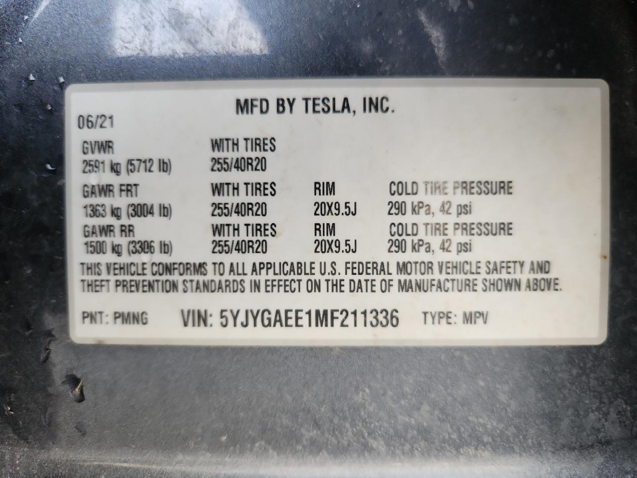 2021 Tesla Model Y VIN: 5YJYGAEE1MF211336 Lot: 91735235