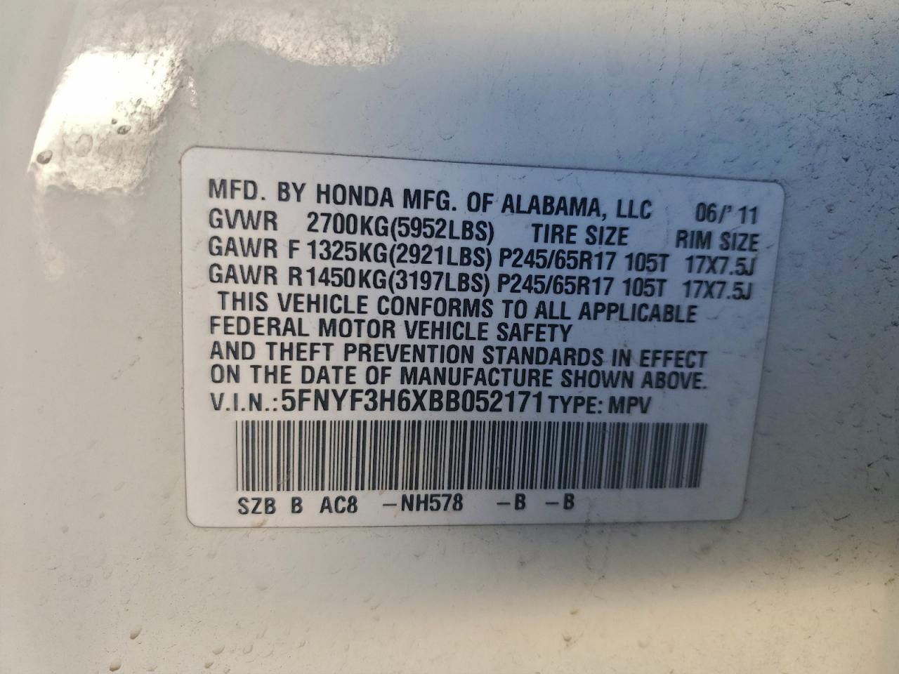 2011 Honda Pilot Exl VIN: 5FNYF3H6XBB052171 Lot: 94698525