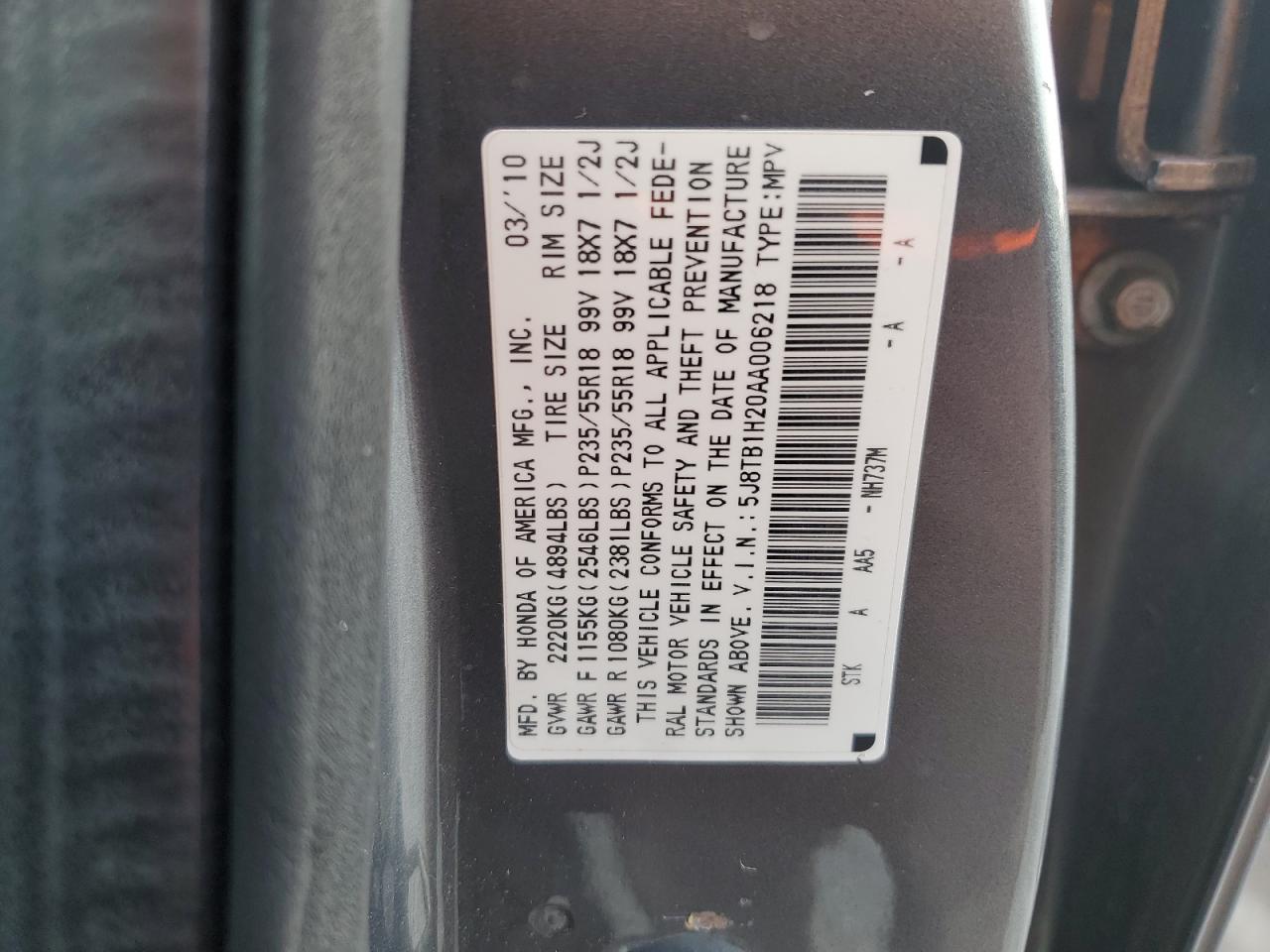 2010 Acura Rdx VIN: 5J8TB1H20AA006218 Lot: 93508455