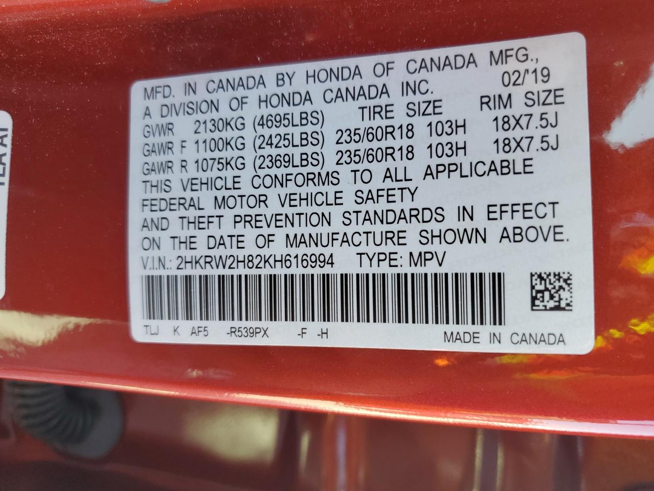 2019 Honda Cr-V Exl VIN: 2HKRW2H82KH616994 Lot: 91452465