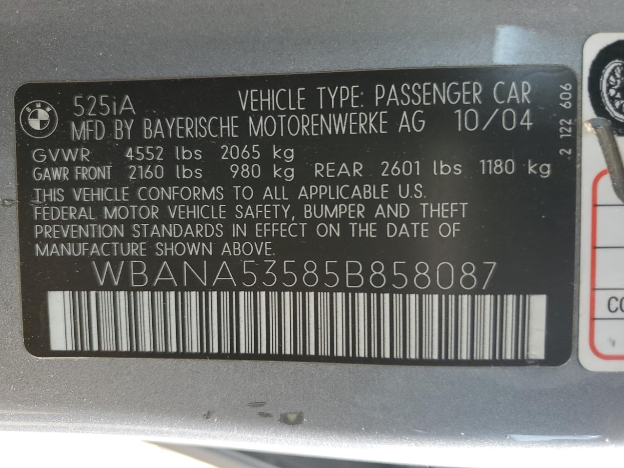 2005 BMW 525 I VIN: WBANA53585B858087 Lot: 92508435
