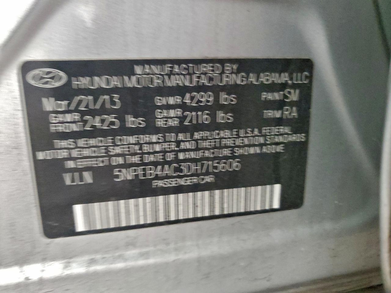 2013 Hyundai Sonata Gls VIN: 5NPEB4AC3DH715606 Lot: 94487345