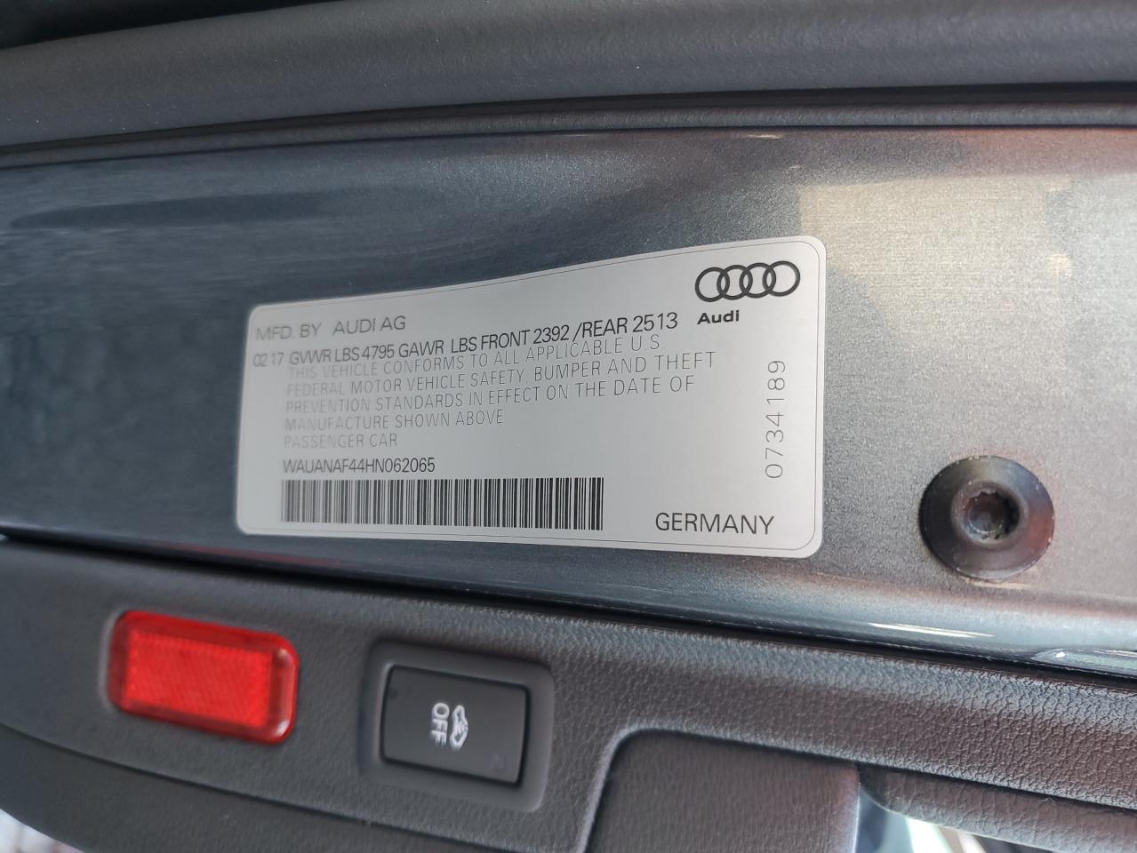 2017 Audi A4 Premium VIN: WAUANAF44HN062065 Lot: 92734135