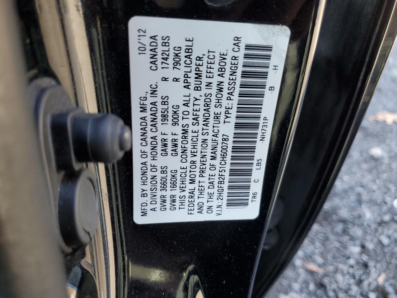 2012 Honda Civic Lx VIN: 2HGFB2F51CH600787 Lot: 93210325