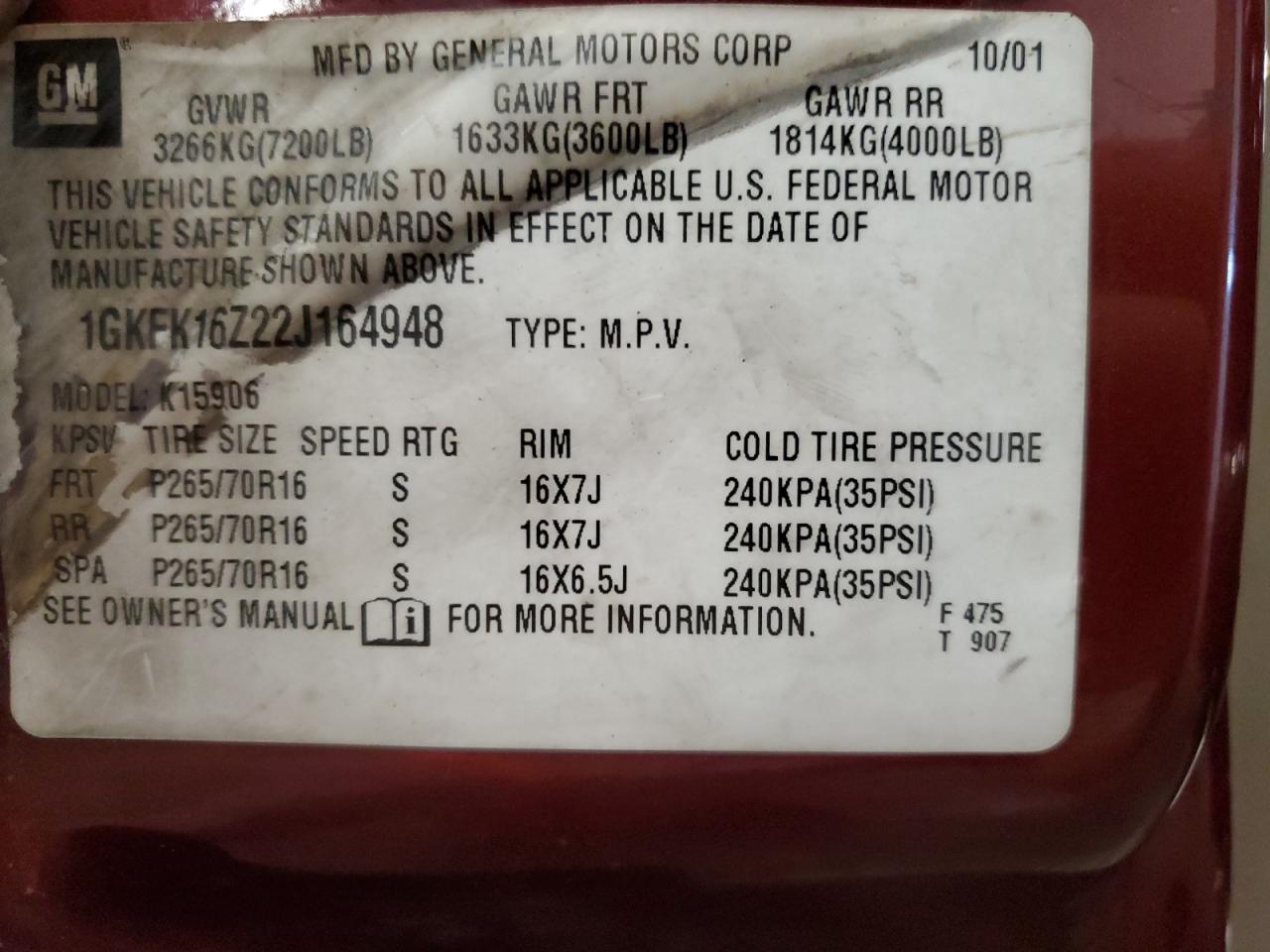 2002 GMC Yukon Xl K1500 VIN: 1GKFK16Z22J164948 Lot: 92531235