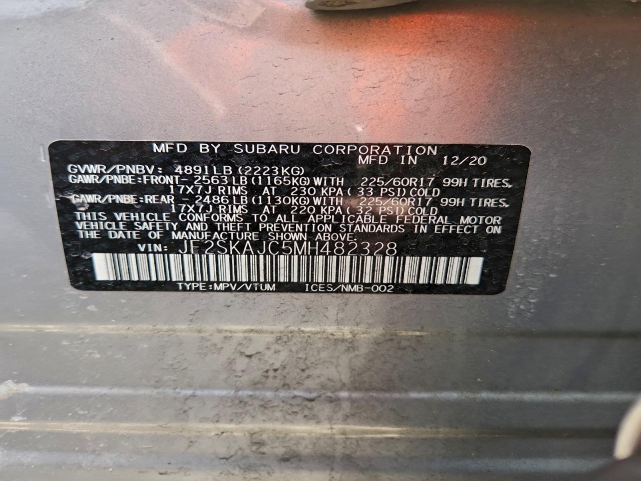 2021 Subaru Forester Premium VIN: JF2SKAJC5MH482328 Lot: 93125765