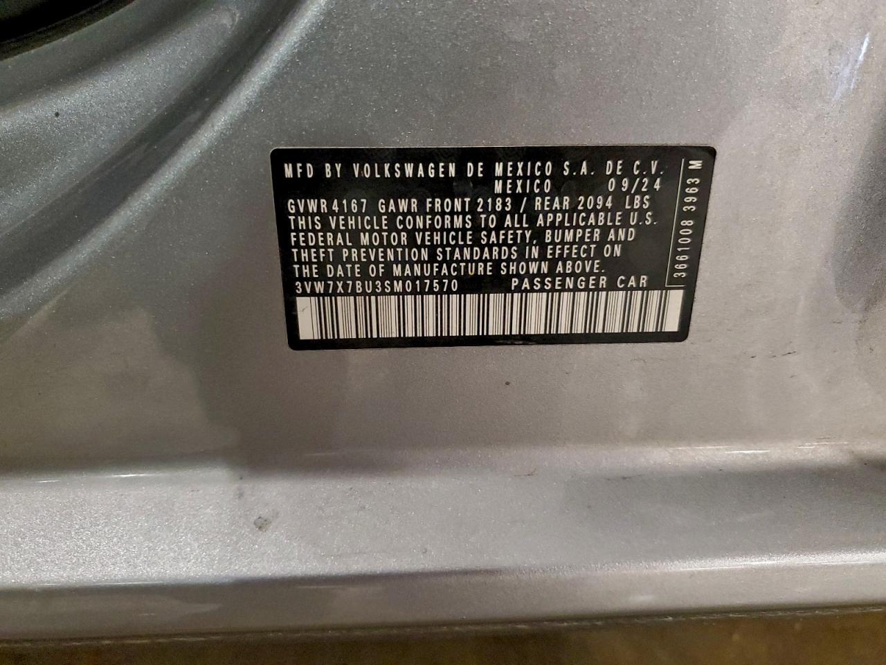 2025 Volkswagen Jetta Se VIN: 3VW7X7BU3SM017570 Lot: 94264565