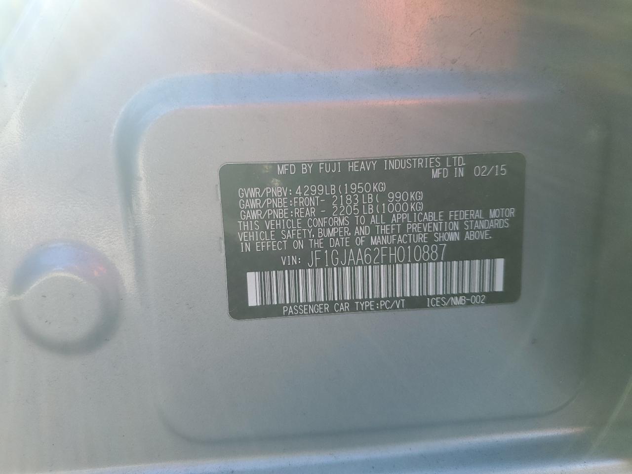 2015 Subaru Impreza VIN: JF1GJAA62FH010887 Lot: 92488735