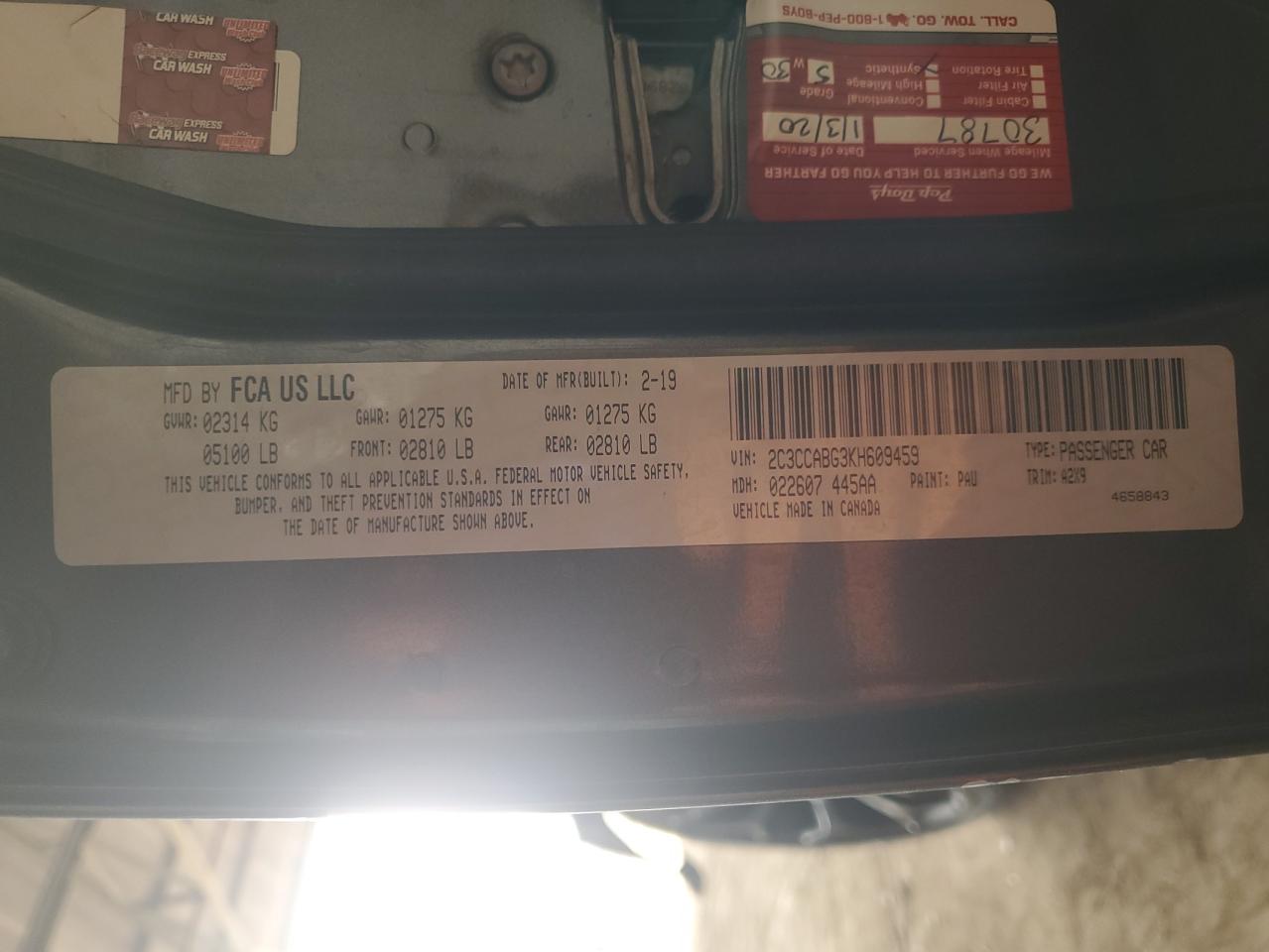 2019 Chrysler 300 S VIN: 2C3CCABG3KH609459 Lot: 91125425