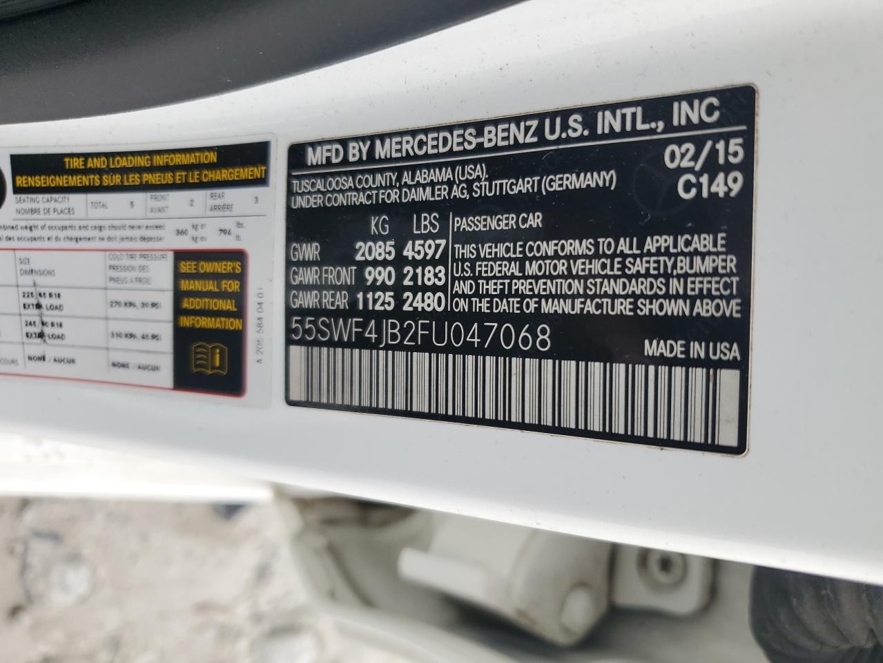 2015 Mercedes-Benz C 300 VIN: 55SWF4JB2FU047068 Lot: 93516275