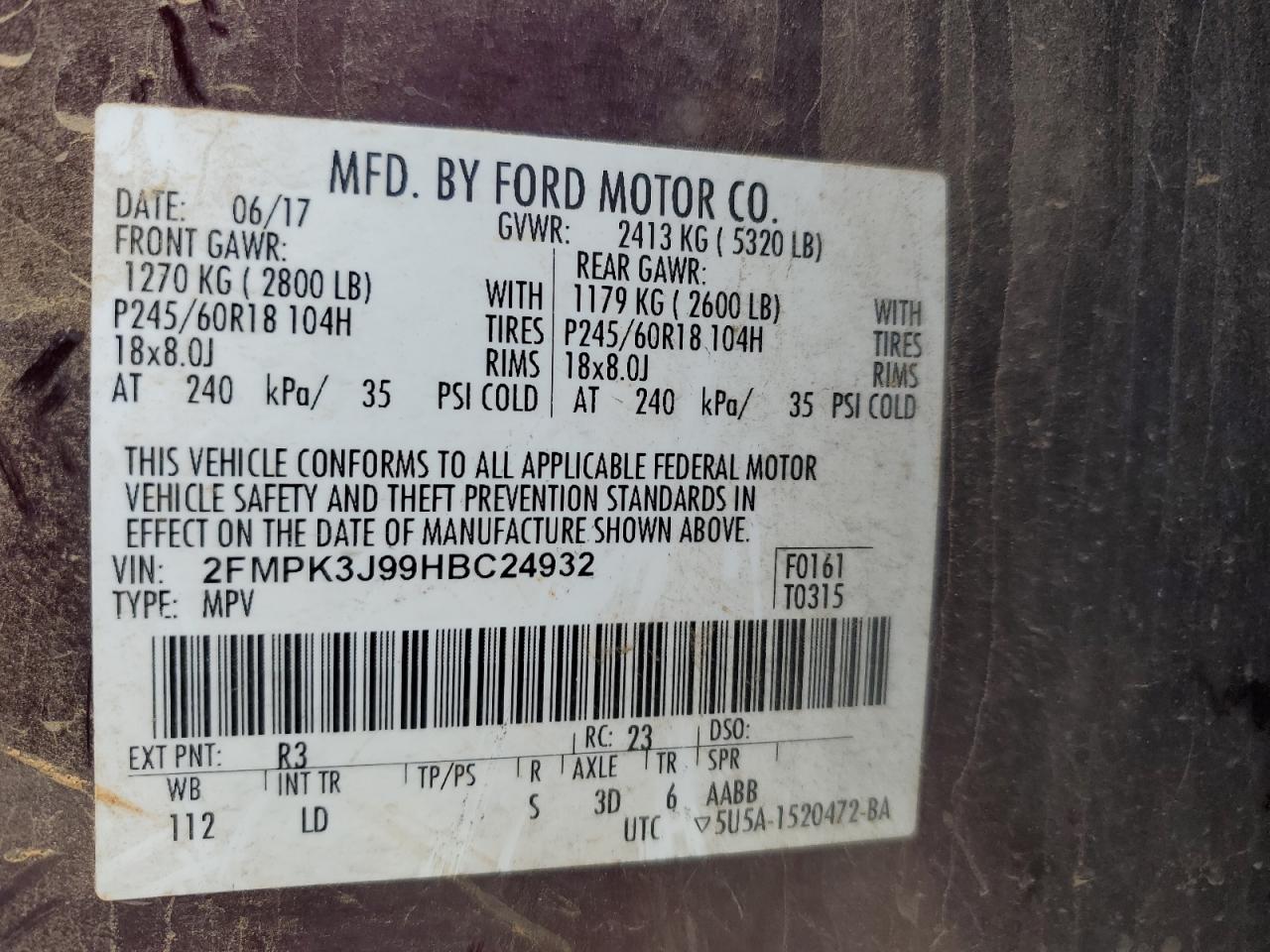 2017 Ford Edge Sel VIN: 2FMPK3J99HBC24932 Lot: 91593035